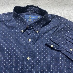 Ralph Lauren Mens Large Navy Blue Anchor Print Cotton Stretch Button Down Shirt